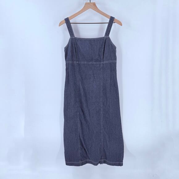 LOFT Size 8 Chambray Denim Midi Dress Y2K Babydoll Tank Sleeveless Square Neck - Picture 1 of 9